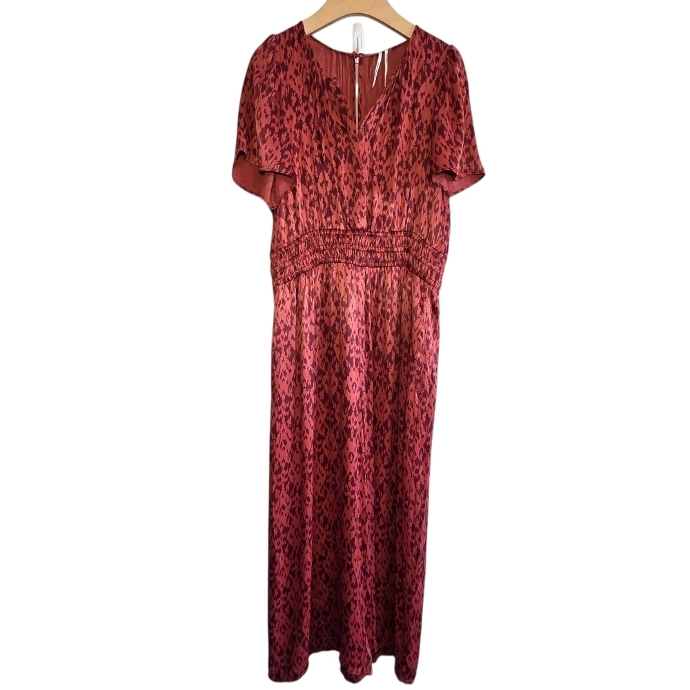 By Anthropologie Somerset Jumpsuit In Red Ikat Print Wide Leg Boho Party Flowy L